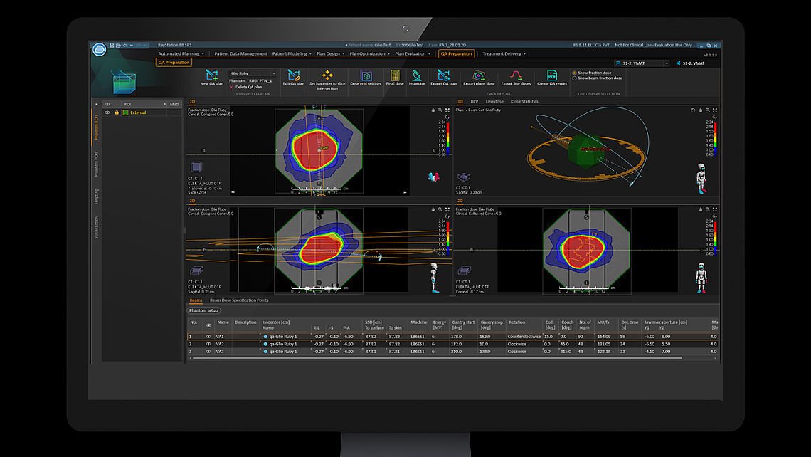 Treatment plan calculated on RUBY phantom with PATIENT QA Detector insert as shown in RayStation treatment planning system