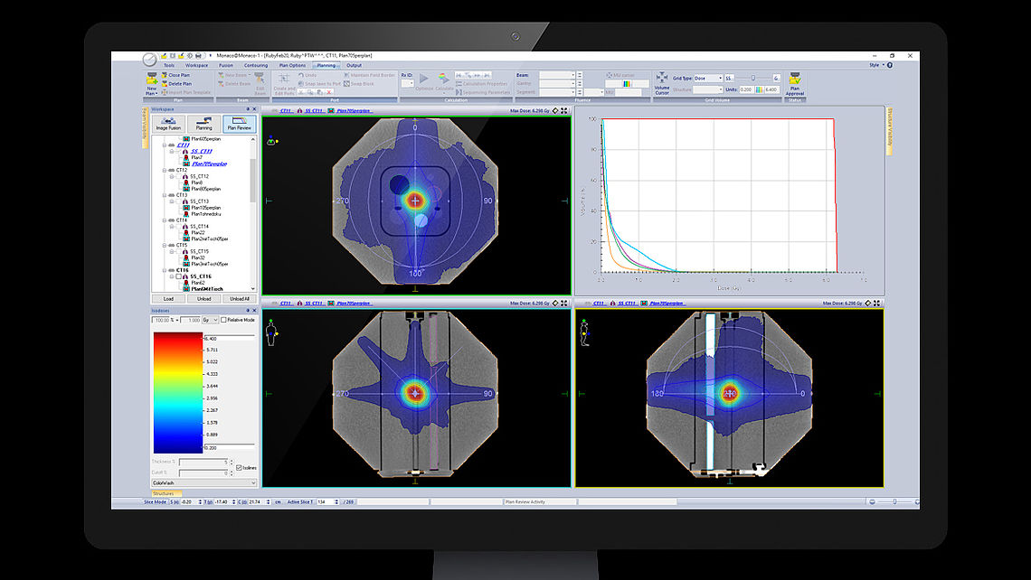 SYSTEM QA Treatment plan calculated on RUBY phantom with SYSTEM QA insert as shown in Monaco treatment planning system.